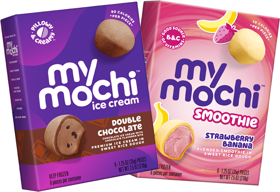 boxes of Double Chocolate MyMochi and Strawberry Banana MyMochi Smoothie